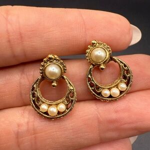 Intricate Gold Tone and Faux Pearl Earrings Delicate Vintage